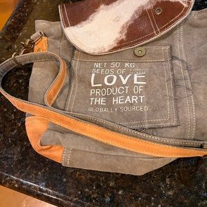 Myra Bag Seeds of Love Genuine Hair-On Cowhide Leather Canvas Crossbody Bag